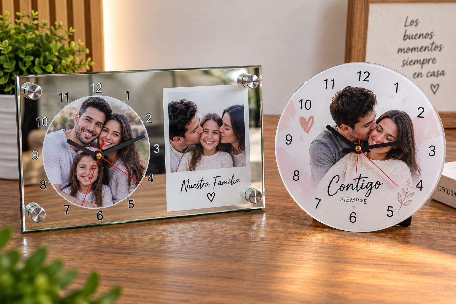 Ejemplos de reloj espejo rectangular y reloj circular de pared personalizados