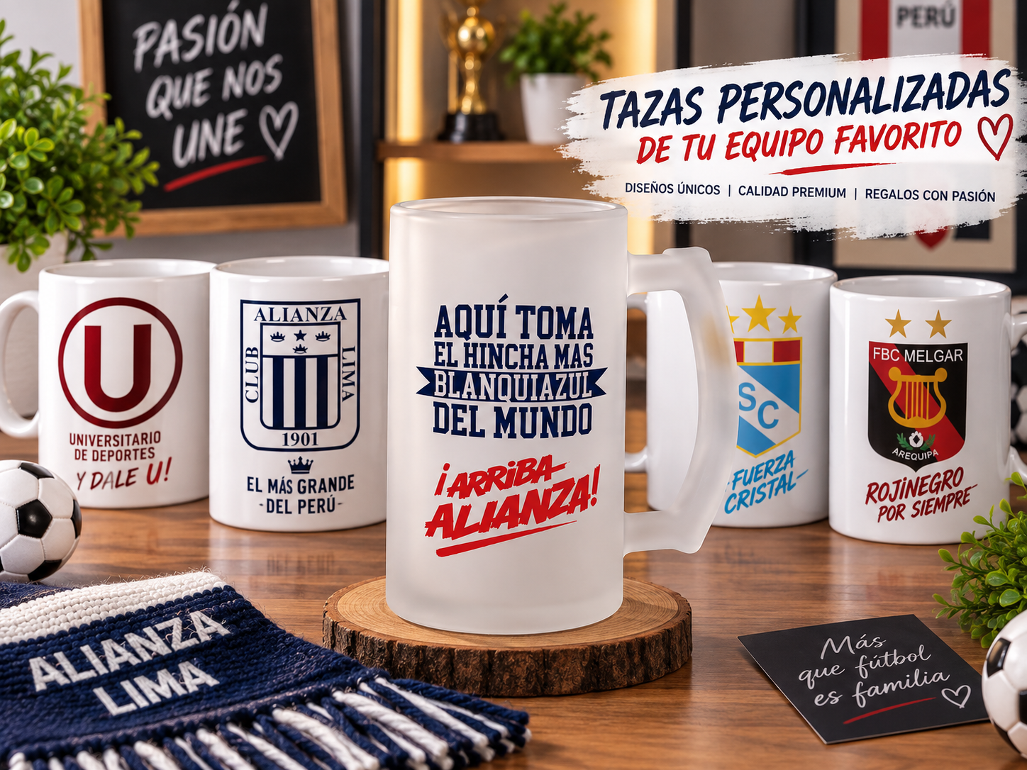 Ejemplos de tazas personalizadas con motivos de fútbol peruano